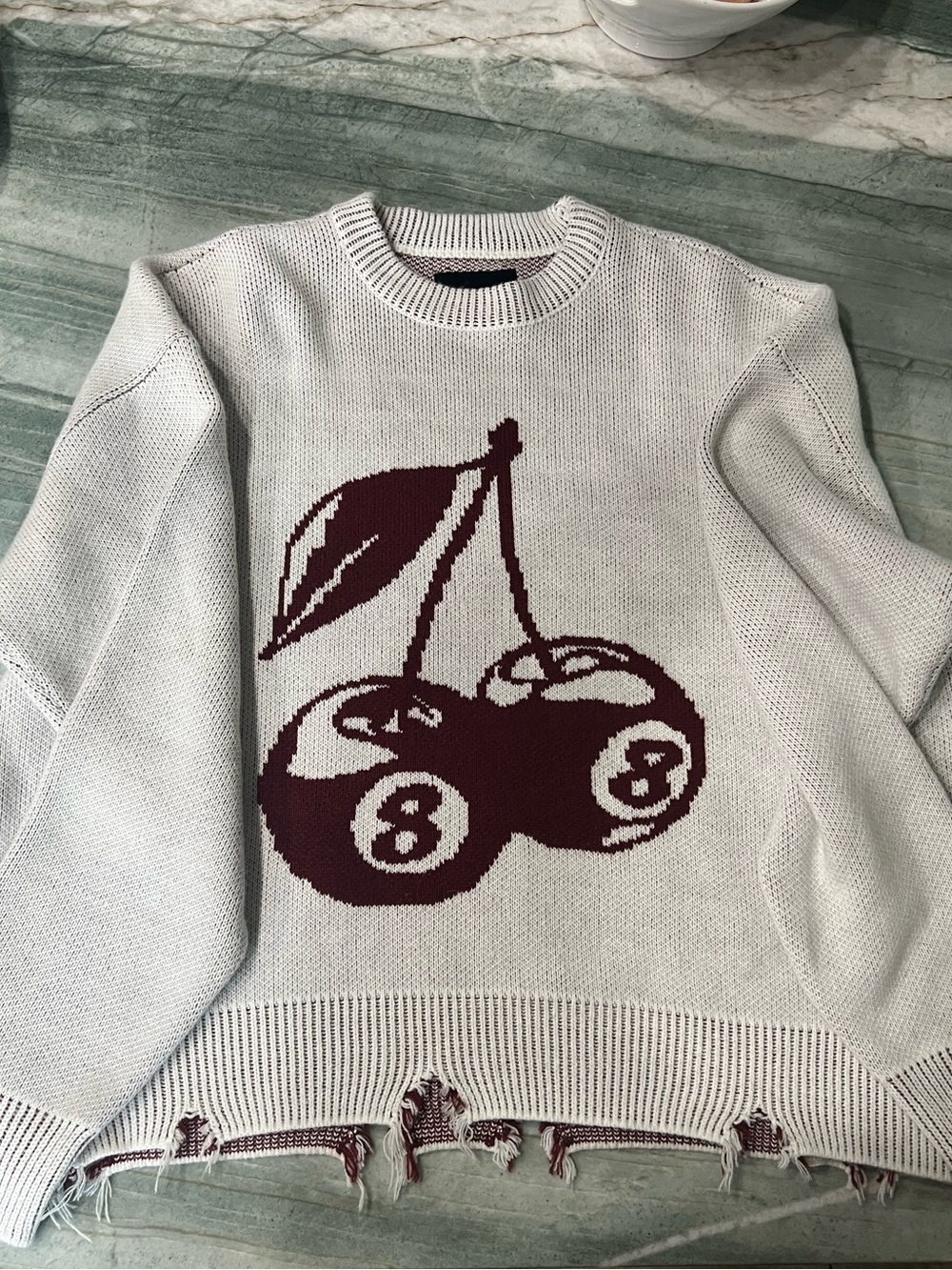 Mens Pacsun Oversized Knit Sweater with Burgundy Cherry Graphic